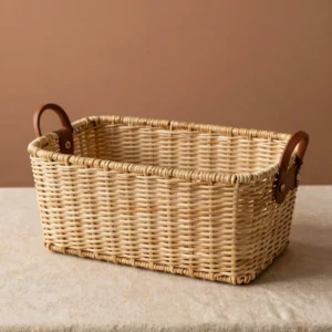 Shelf Organizer Basket with Genuine Leather Handles